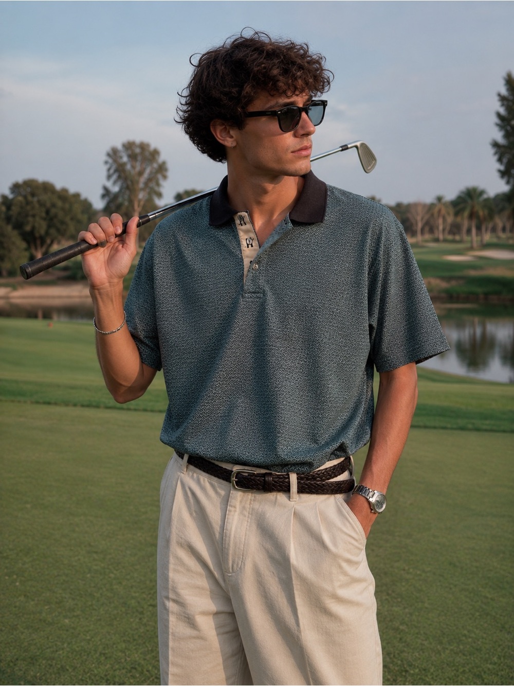 Vintage Haggar Golf Geometric Pattern Polo Shirt Blue Black Collared Men’s Large